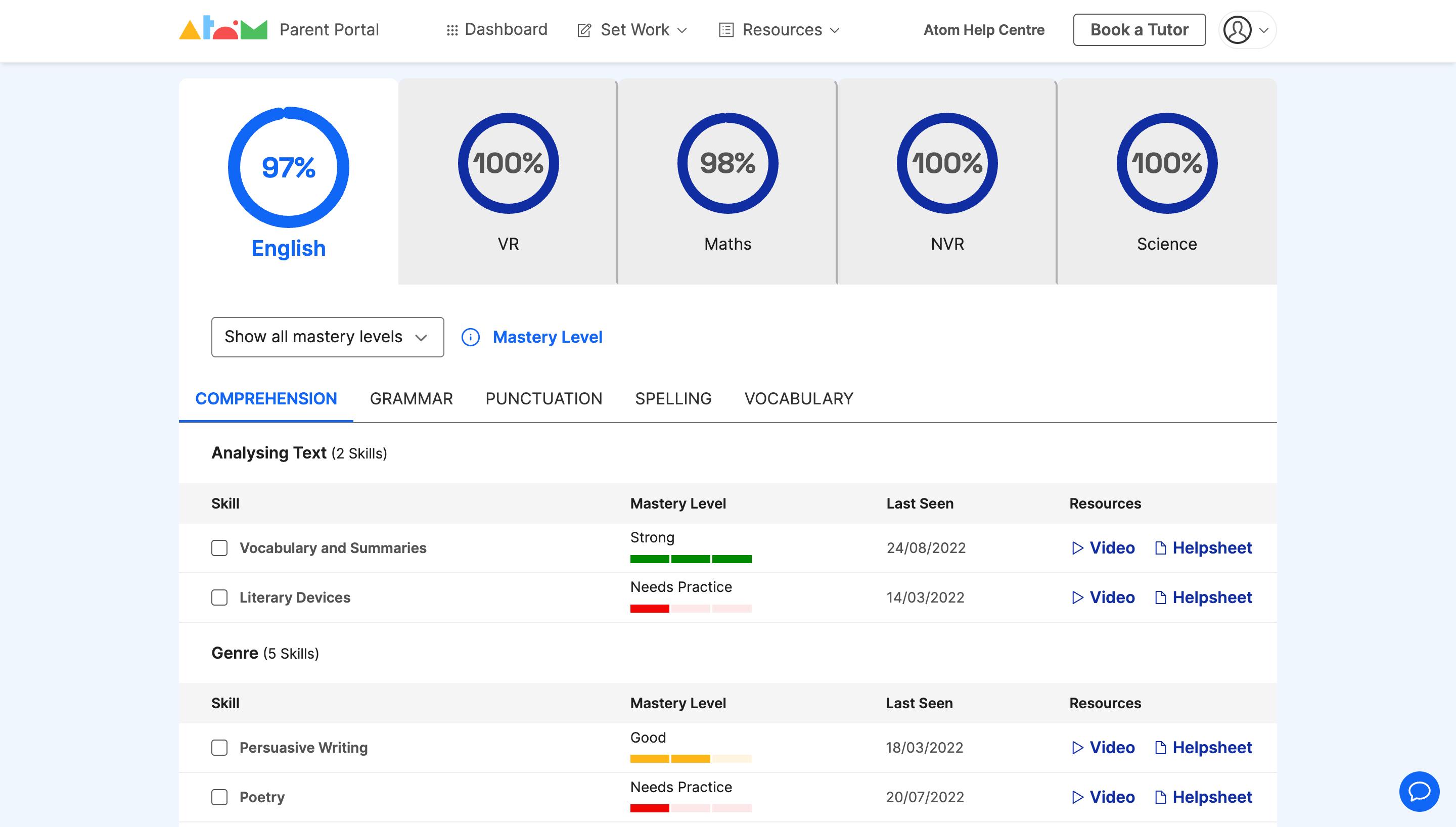 Course progress on the Atom Home parent dashboard