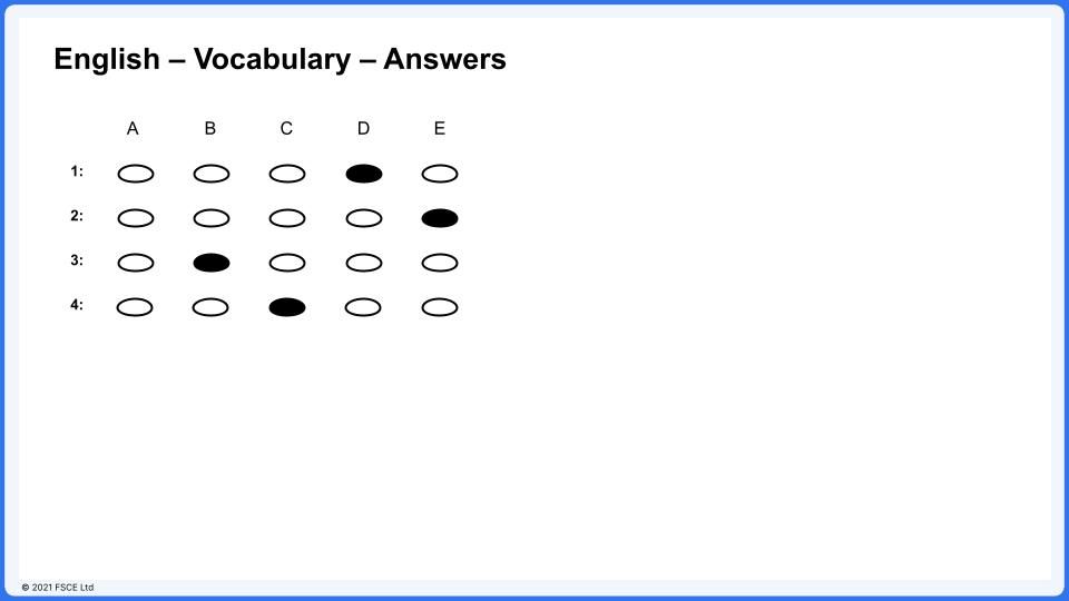 Example English vocabulary answers from the FSCE 11 plus