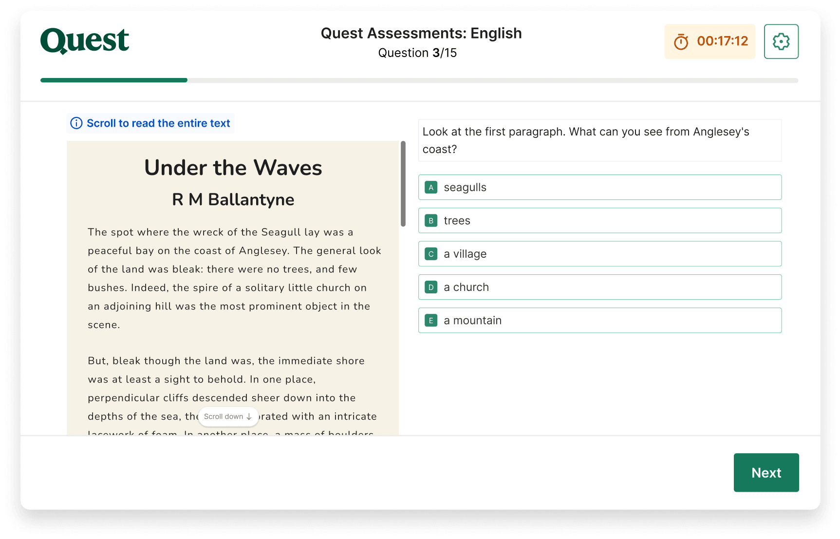 An English question on a Quest Assessments mock exam, showing a comprehension text called 'Under the Waves' and the answer options