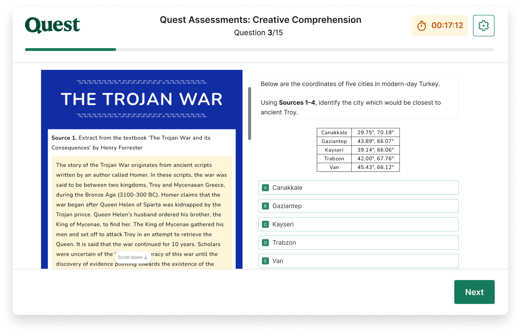 A creative comprehension question on a Quest Assessments mock exam. An except from a textbook about the Trojan War, and some city coordinates, can be seen.