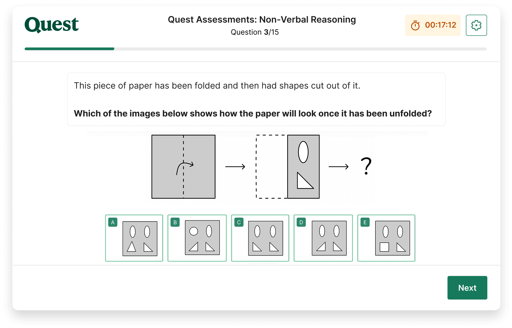 A non-verbal reasoning question on a Quest Assessments mock exam
