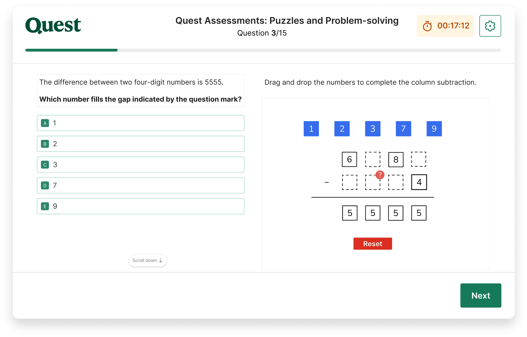 A puzzles and problem-solving question on a Quest Assessments mock exam