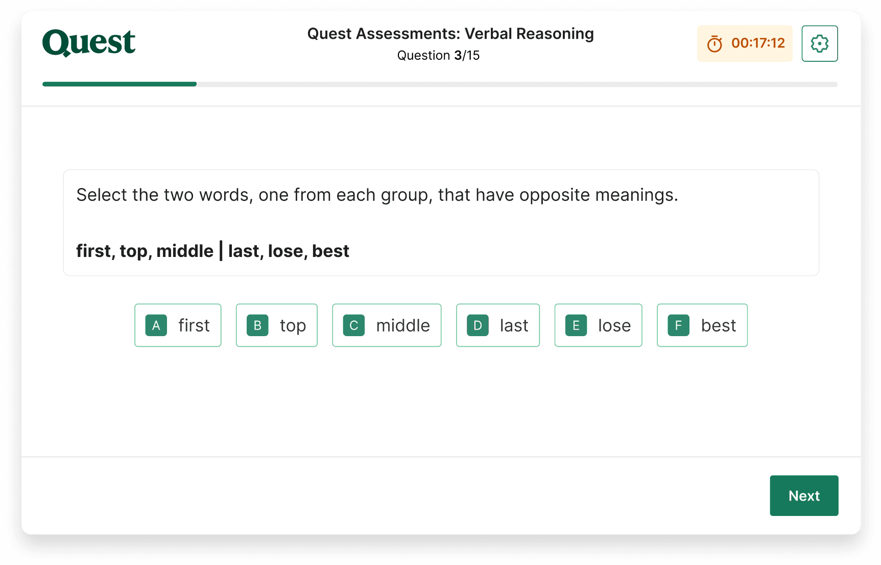 A verbal reasoning question on a Quest Assessments mock exam