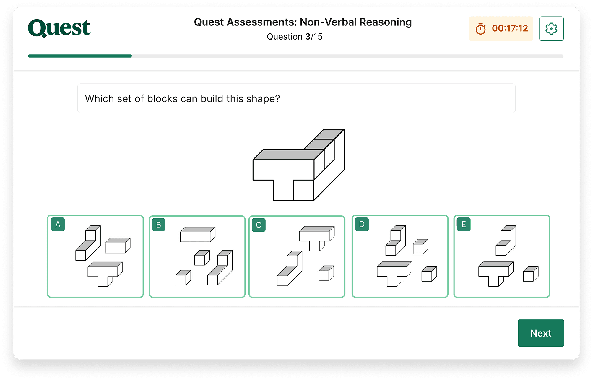 A non-verbal reasoning question in a Quest Admissions Part 1 exam, asking the student to identify the answer option that shows the set of blocks that can be made from a shape shown.