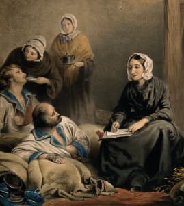 A painting of Florence Nightingale helping people in a hospital and taking notes