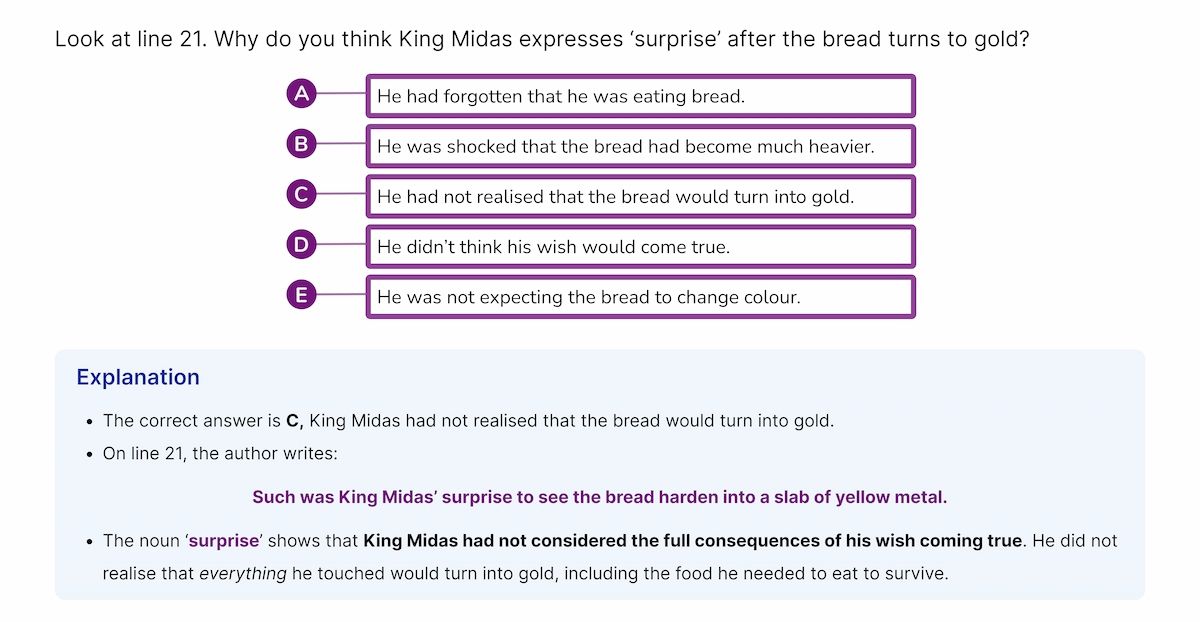 Example: an inference question breakdown, based on a passage about King Midas