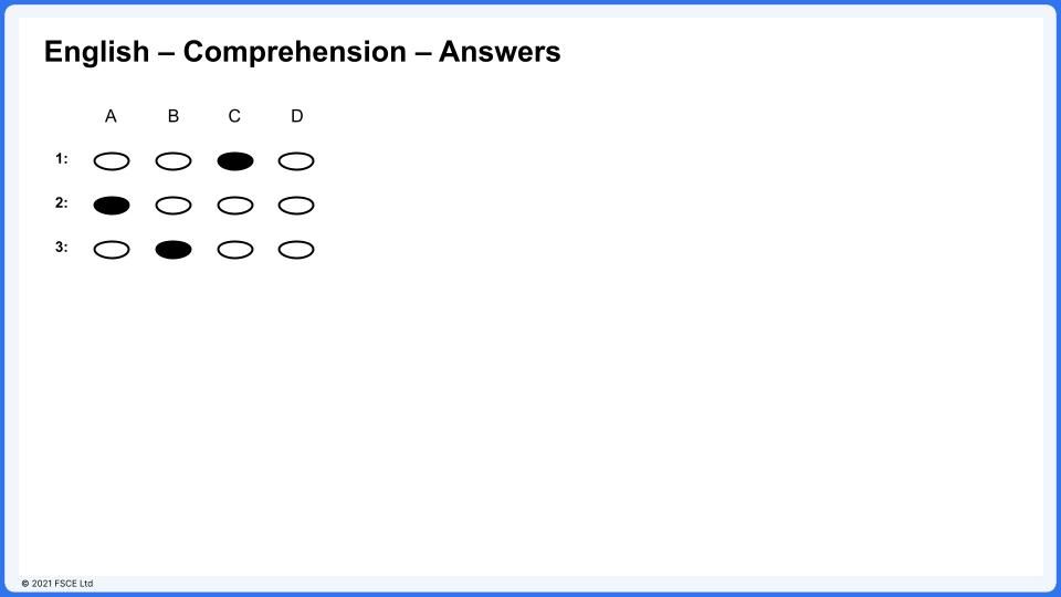Example English comprehension answers from the FSCE 11 plus