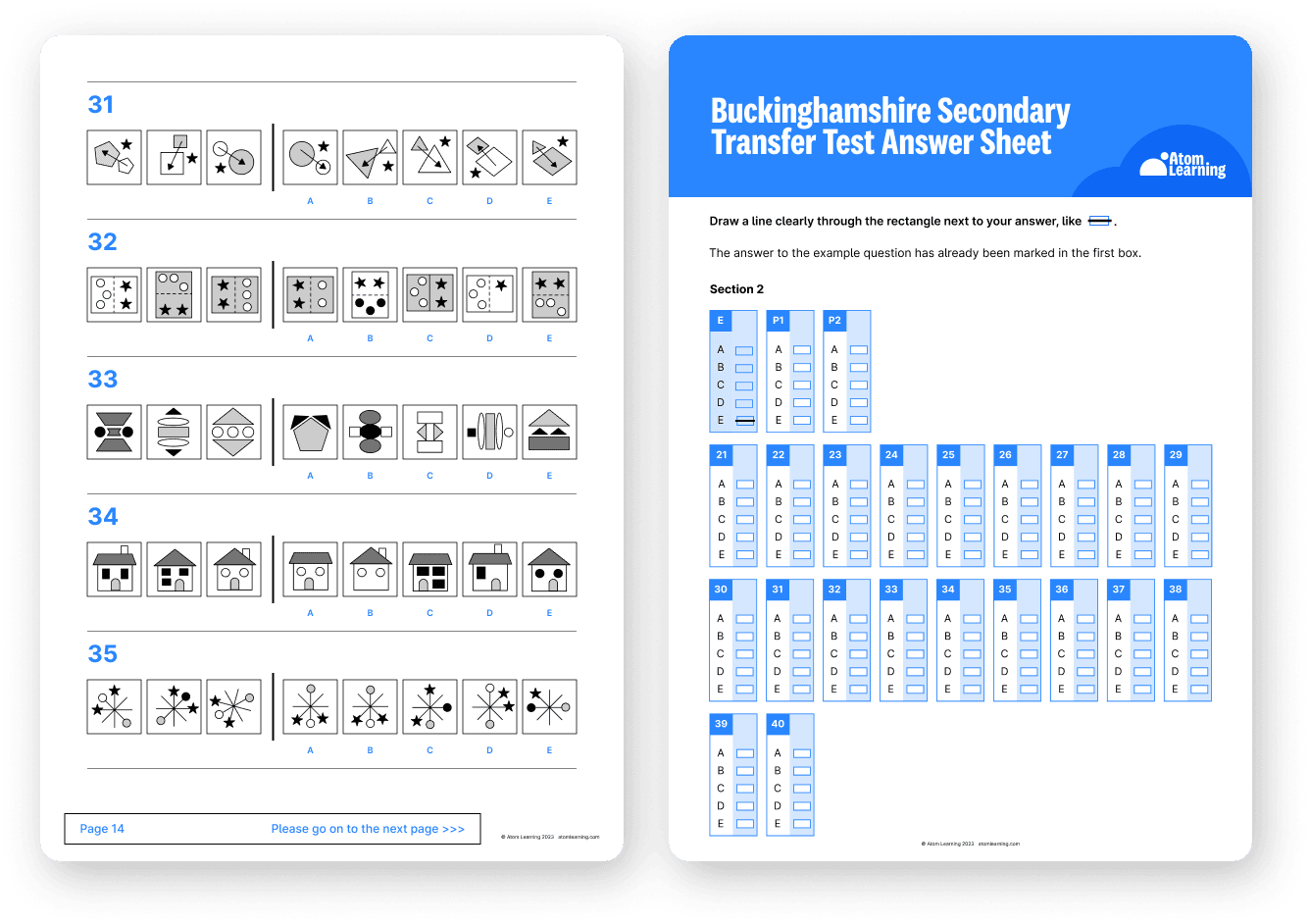 Buckinghamshire Secondary Transfer Test practice paper and answer sheet downloaded from Atom Home