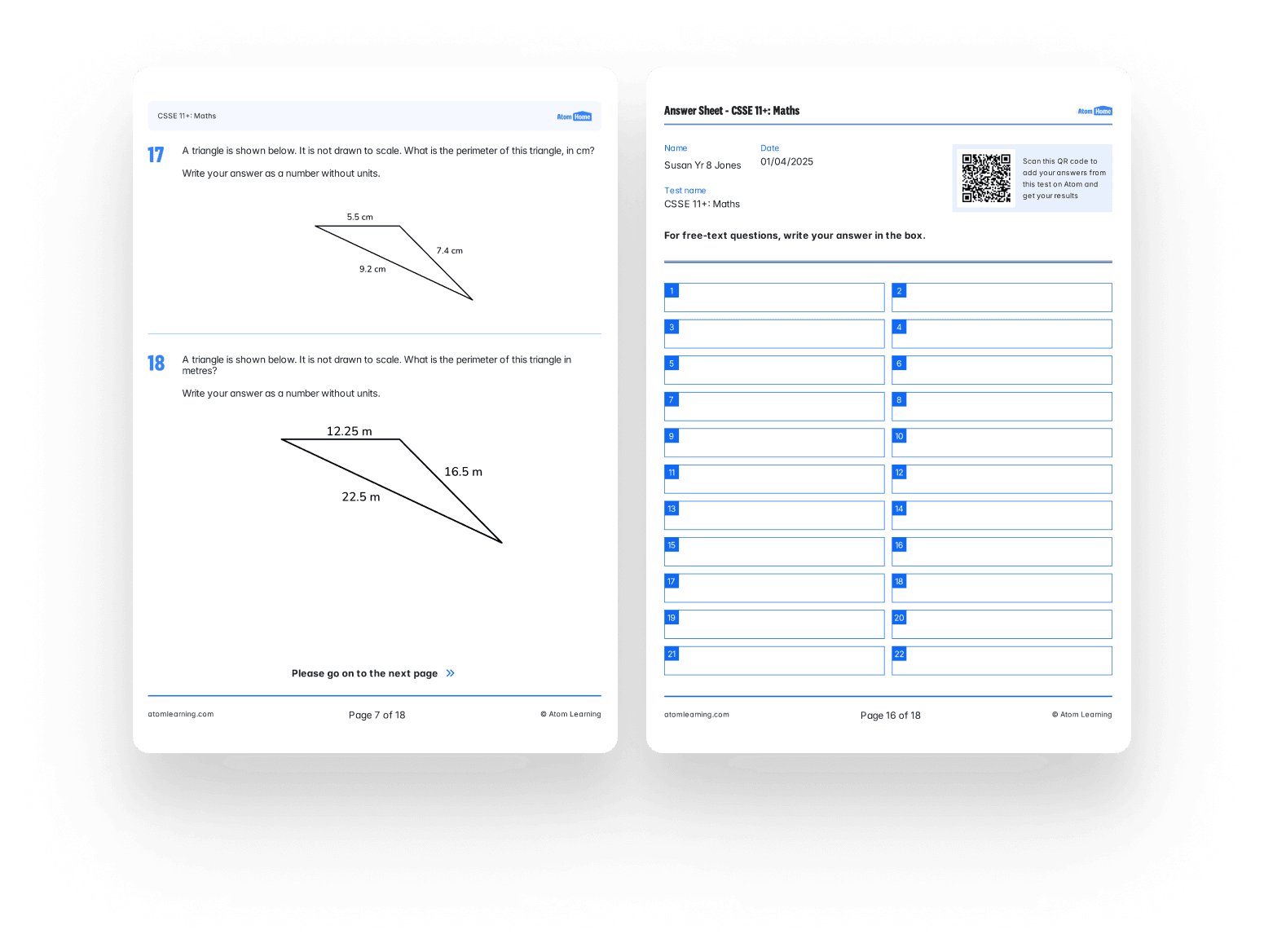 A CSSE maths practice paper and answer sheet downloaded from Atom Home
