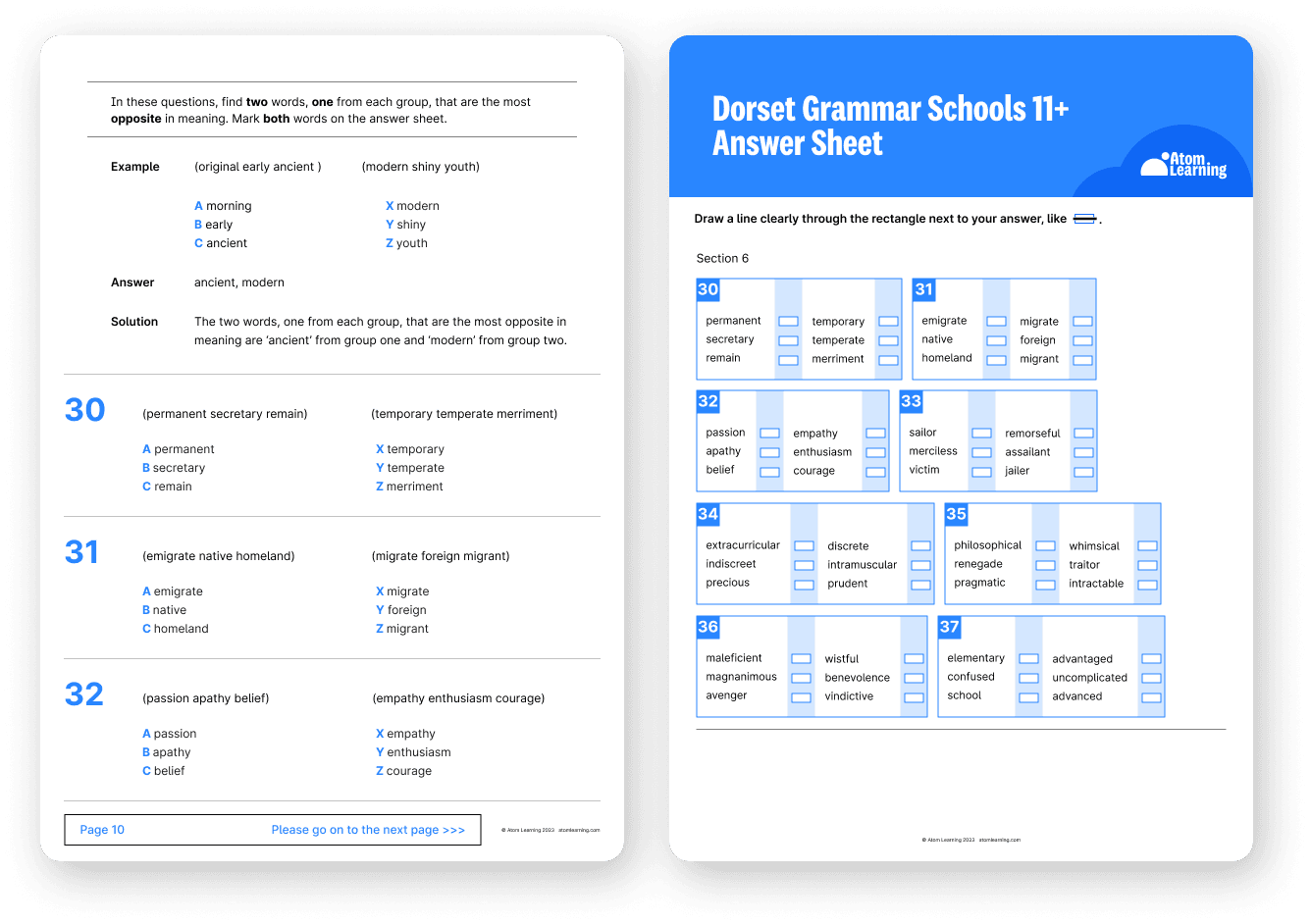 Dorset 11+ practice paper and answer sheet downloaded from Atom Home