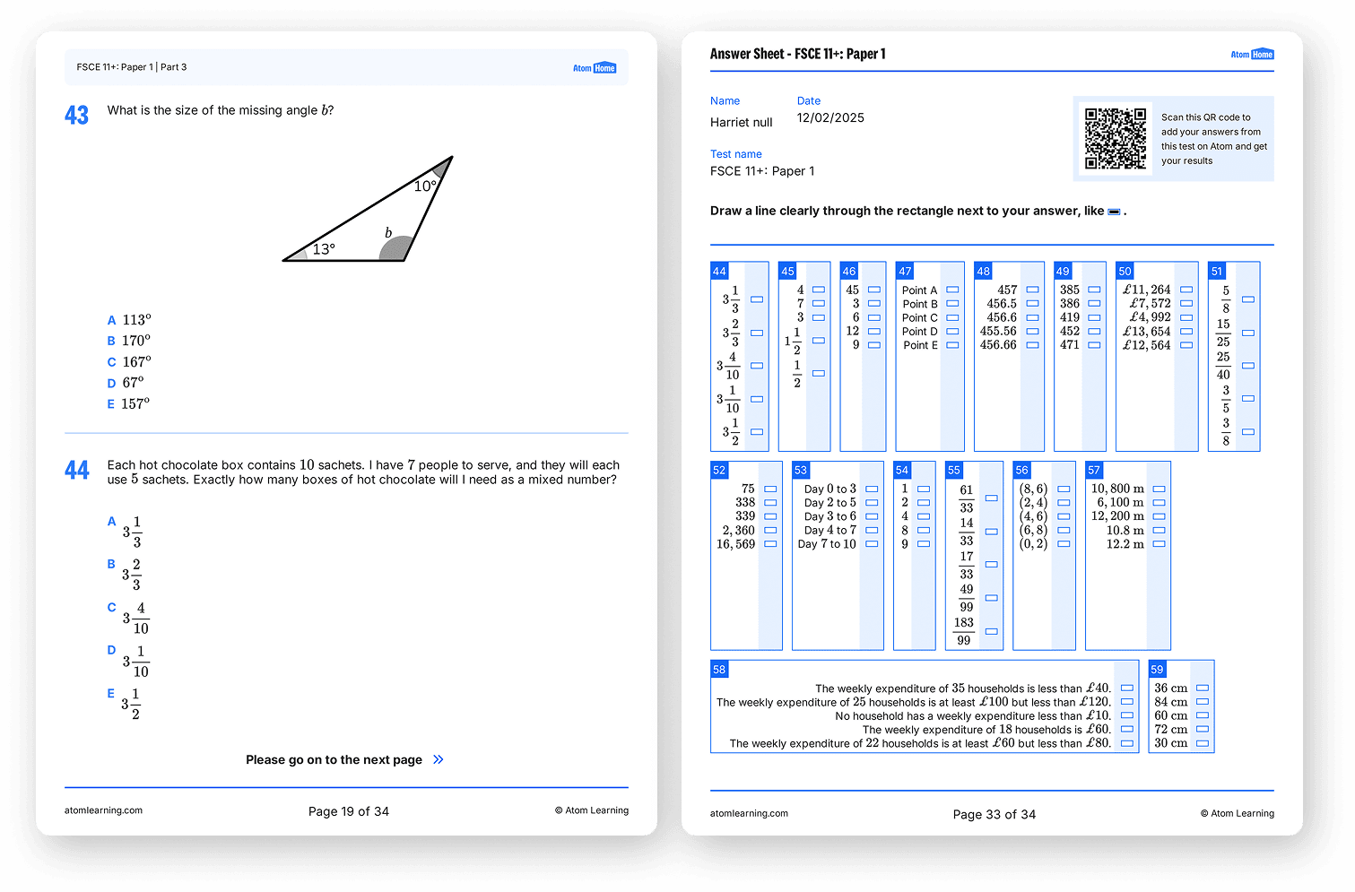 Downloadable FSCE 11+ maths paper and answer sheet from Atom Home