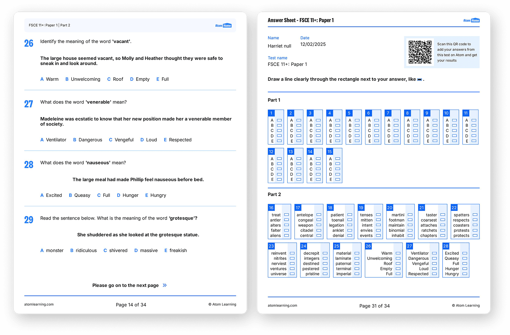 FSCE English vocabulary exam questions and answer sheet