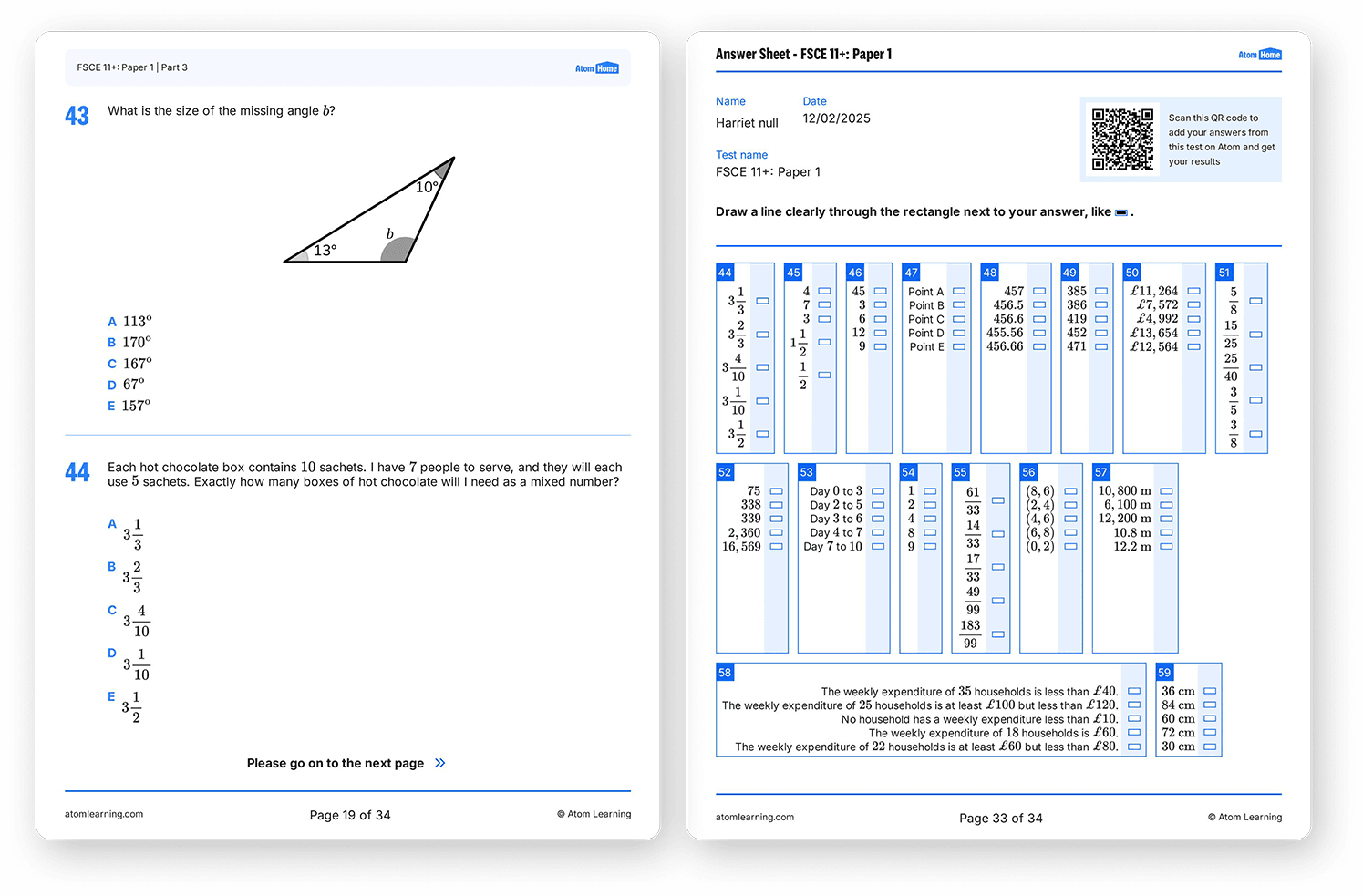 FSCE Maths questions and answer sheet example