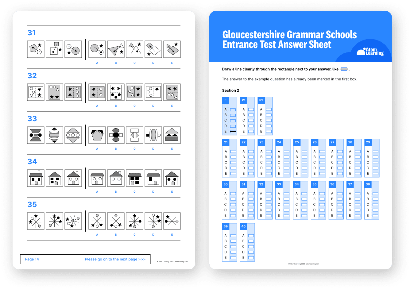 Gloucestershire Grammar Schools Entrance Test non-verbal reasoning practice paper and answer sheet downloaded from Atom Home