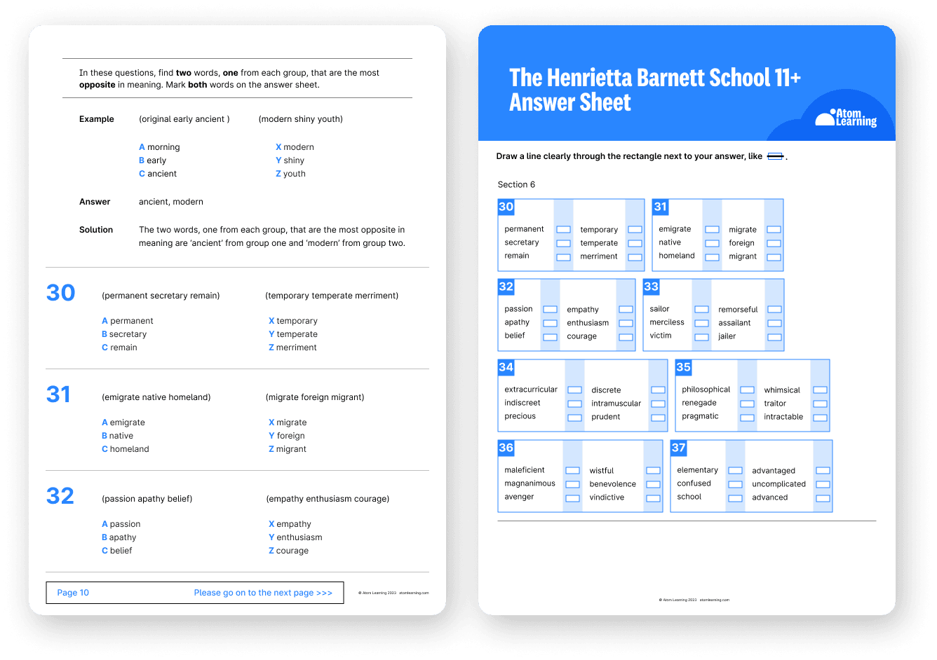 Henrietta Barnett 11+ verbal reasoning question paper and answer sheet downloaded from Atom Home