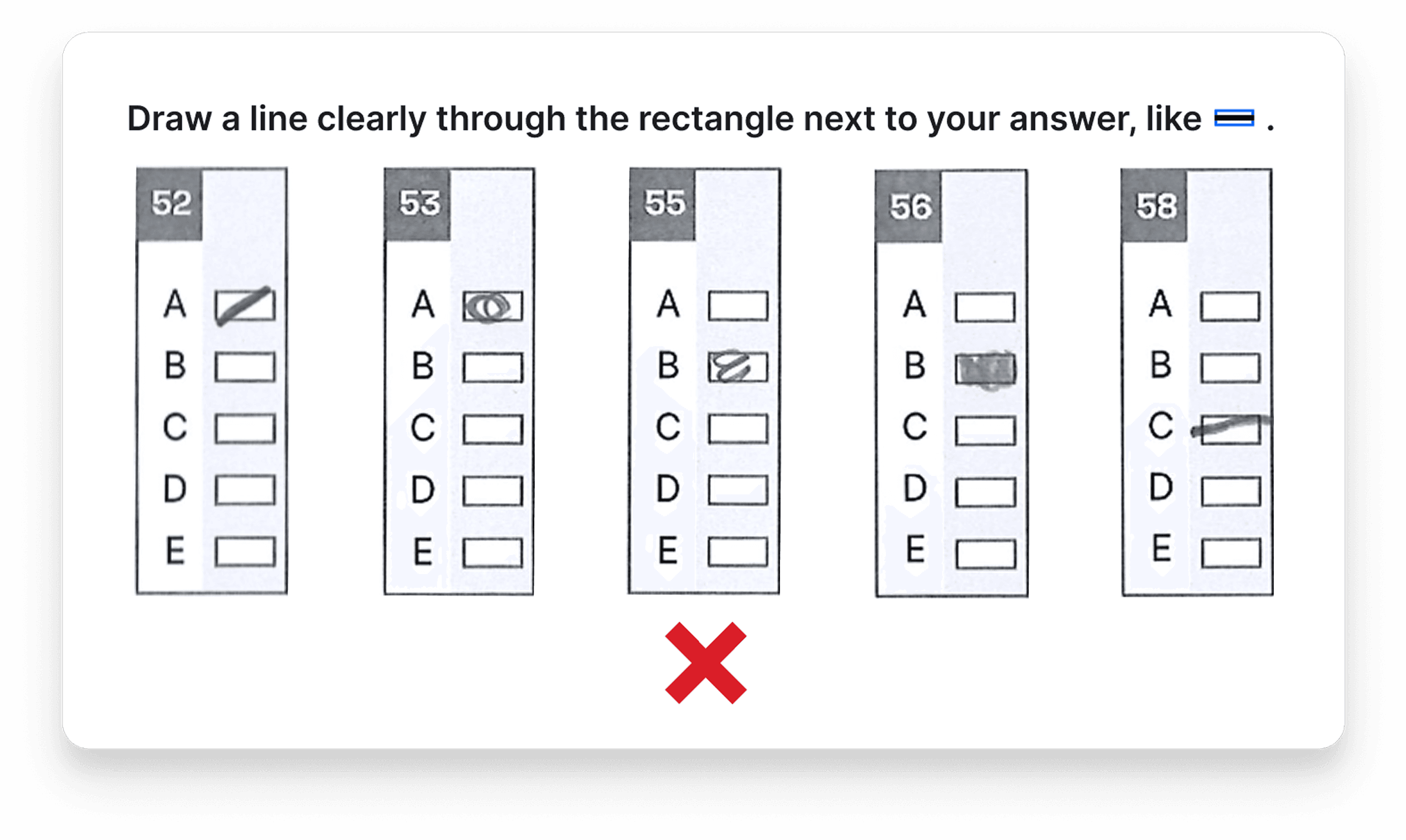 Examples of how to incorrectly mark answers on a 11+ answer sheet