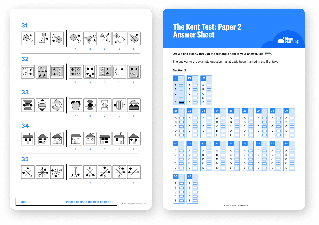 Reasoning questions and an answer sheet in a downloadable Kent Test practice paper from Atom Home