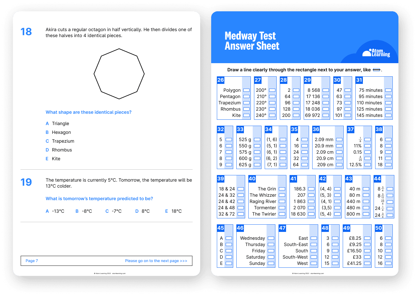 Medway Test question paper and answer sheet downloaded from Atom Home