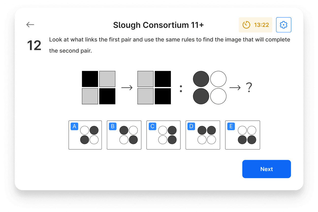 A non-verbal reasoning question on a Slough Consortium 11 plus mock test on Atom Home