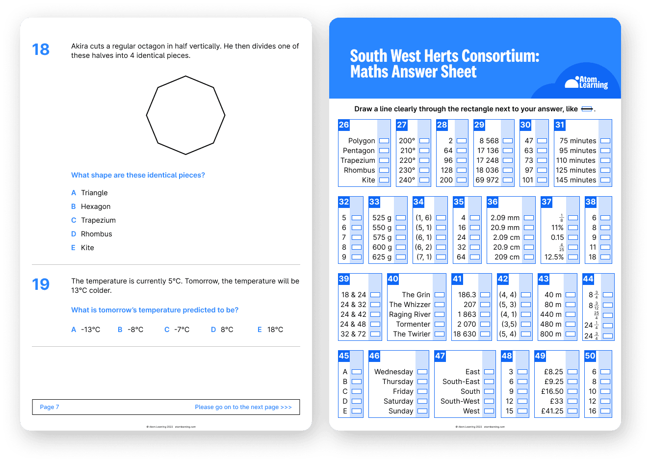 South West Herts Schools Consortium 11 plus maths paper and answer sheet downloaded from Atom Home