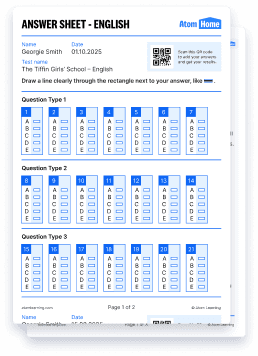 An answer sheet from a Tiffin Girls School' practice paper downloaded from Atom Home