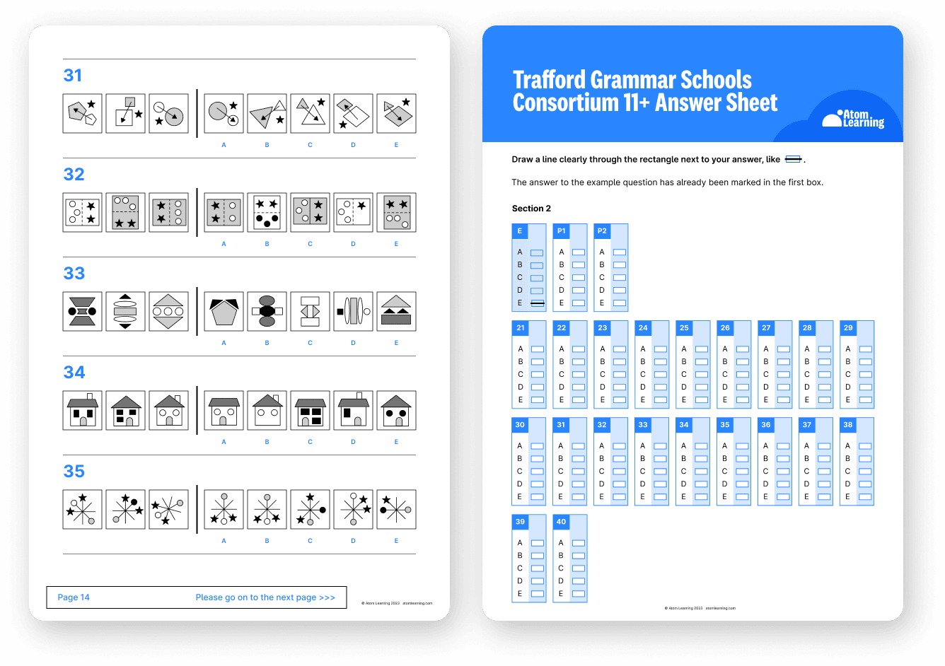 A Trafford Grammar Schools Consortium 11+ question paper, showing non-verbal reasoning questions, and answer sheet downloaded from Atom Home