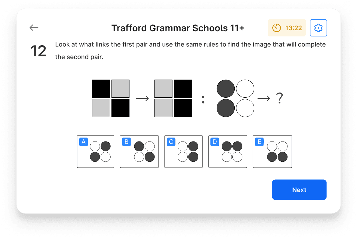 A non-verbal reasoning question on a Trafford Grammar Schools 11+ mock test on Atom Home