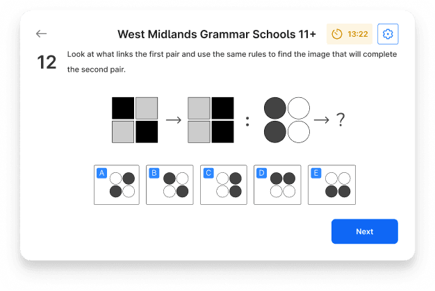 A non-verbal reasoning question on a West Midlands Grammar Schools 11+ mock test on Atom Home