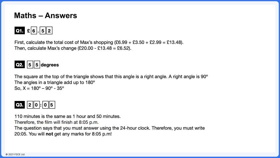 Example maths answers in the FSCE 11 plus