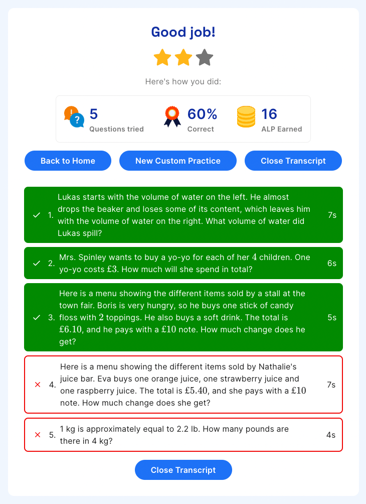 Custom practice transcript