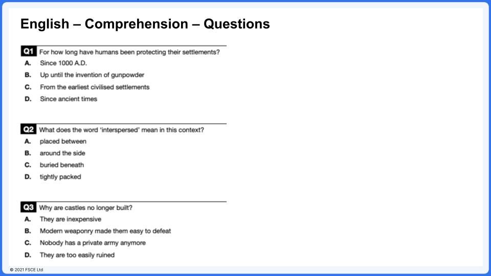 Example English comprehension questions from the FSCE 11 plus
