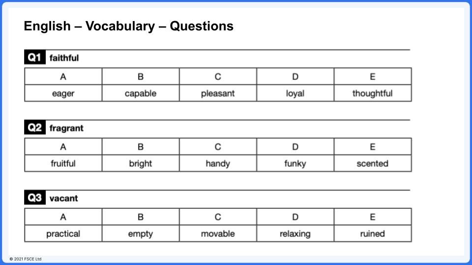 Example English vocabulary questions from the FSCE 11 plus