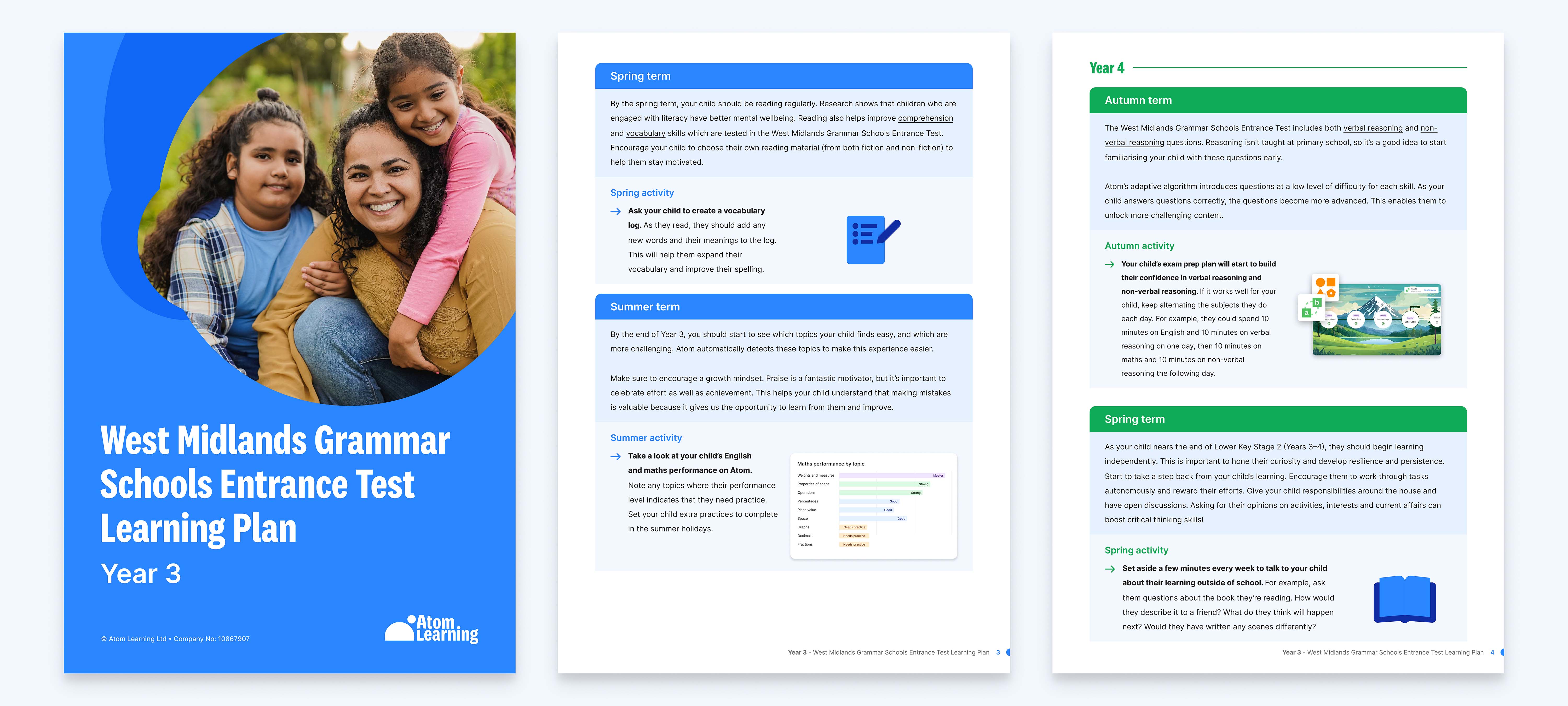 Pages from a West Midlands Grammar Schools Entrance Test Learning Plan for a family with a child in Year 3